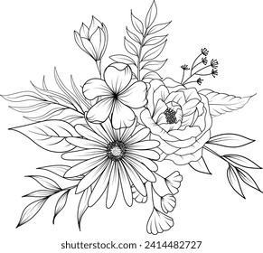 line art wildflower wreath vector illustration. flower bouquet sketch