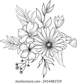 line art wildflower wreath vector illustration. flower bouquet sketch