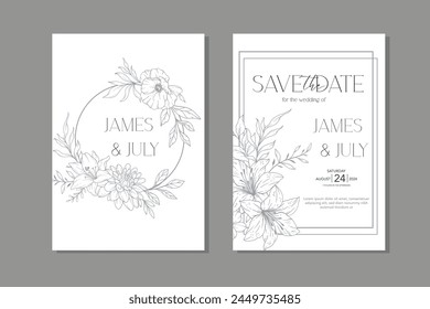 Line Art Wildflowers Wedding Invitation template, Outline Wildflowers Minimalist Wedding Stationery 