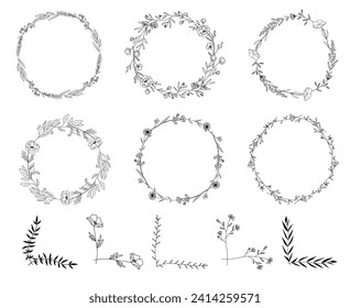 Line art wildflowers wreaths and floral corners, line art drawing, botanical vector illustration