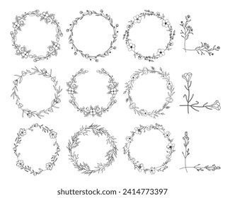 Line art wildflowers wreaths and floral corners, line art drawing, botanical vector illustration