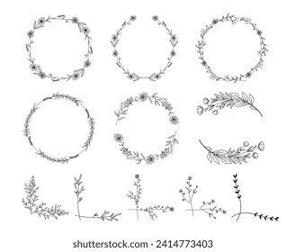 Flores de flores silvestres de línea y esquinas florales, dibujo de líneas, ilustración botánica vectorial