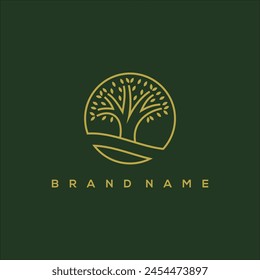 Line Art Weide und Baumkreis Logo Vektorgrafik