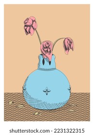 Line art with wilted flowers in a pot, vase, pastel colors, for interiors, cards, print