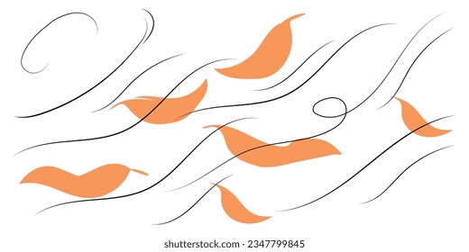  Line art the wind carrying fallen leaves. Doodle autumn weather. Vector illustration.