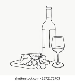 Line art of wine bottle, glass, cheese, and grapes. Simple wine and cheese isolated illustration. Minimalist wine and cheese food design. Simple black line art doodle vector.