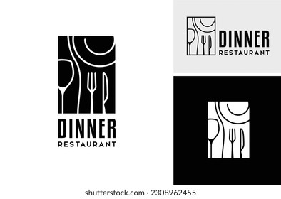 Line Art of Wine Bottle Spoon Fork Plate Knife Glass for Dinner Restaurant logo design 