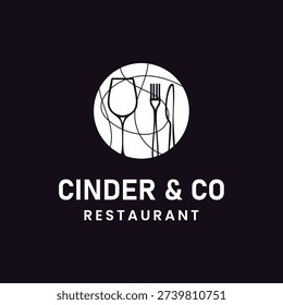Line art of a wine bottle, spoon, fork, plate, knife, and glass for a dinner restaurant logo design.