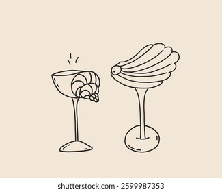 Line art wine glass with seashells isolated. Hand drawn whimsical vine glass. Coquette trendy champagne glass. Vector outline illustration