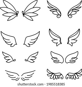 Line art wings doodle set for concept design. Doodle sketch design elements. Template design. Nature background. Line art. Vector pattern