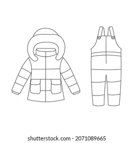 Line art winter coat and overalls for children. Warm clothes elements. Doodle style. Isolated vector illustration. 