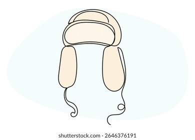 Line Art Winter Warm Fur Hat Illustration. Winter Holiday Celebration Vacation Rest Theme. Family Greeting Christmas and New Year card Design Element. One Continuous Outline Curve Wavy Icon.