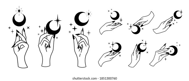 Line art of witch hands with celestial bodies, moon phases, crescent, sun, set of celestial bodies and mystic magical elements in vintage boho style. Female hand illustration