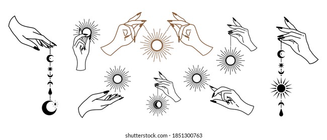 Line art of witch hands with celestial bodies, moon phases, crescent, sun, set of celestial bodies and mystic magical elements in vintage boho style. Female hand illustration