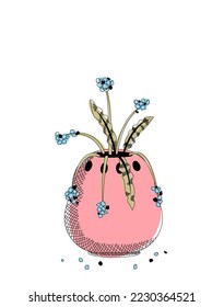 Line art Withered flowers in a clay vase, line drawing, digital engraving