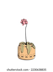 Line art Withered flowers in a clay vase, line drawing, digital engraving