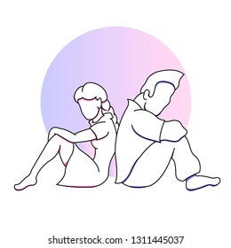 Line art without a face a guy and a girl are sitting back to back. Black and white color, blue-pink gradient. Love, friendship, trust. Vector illustration.