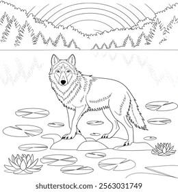 A line art wolf illustration of a coloring page 