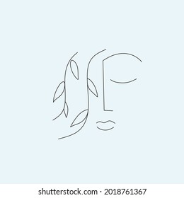 Line art woma. Line artwork. Women's faces in one line art style with flowers and leaves.Continuous line art in elegant style for prints, tattoos, posters, textile, cards etc. 