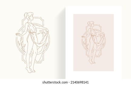 Line art woman antique goddess posing in Greek dress at abstract botanical frame minimalist icon card set vector illustration. Beautiful female body logo design isolated on white. Wellness and spa