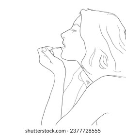 line art of a woman applying lip balm, on a white background