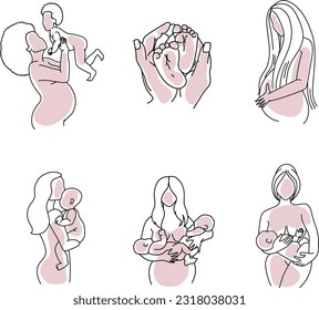 Line art woman with baby vector set isolated on white background.