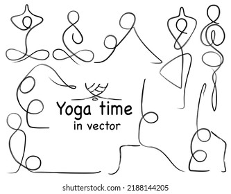 Line Art Woman Body. Person Doing Exercise In Yoga Pose. Continuous Monoline Of Young Girl Yoga Poses. Set Of Yoga. People Meditating And Standing In Asana. Concept Vector Health Illustration. 