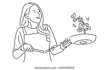 line art of woman cooking food vector illustration