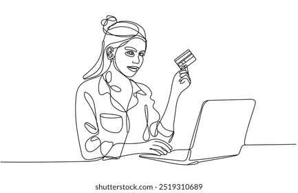 Line Art of Woman with credit card doing Online Shopping.  Online Shopping, E-Commerce, and Cashless Transactions concept