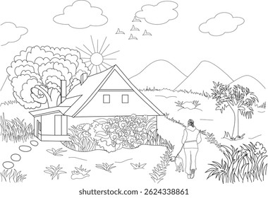 Line Art of Woman and Dog Walking in Nature, Line drawing illustration depicting a woman walking her dog on a path in a natural setting. The scene includes a house with a garden, trees, mountains in
