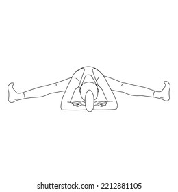 Line art of woman doing middle splits stretching pose vector. Woman sitting and spliting legs then lean forward put arms on the floor.