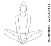 Line art of woman doing yoga in butterfly pose vector. girl sitting and her 2 hands touching at feet.