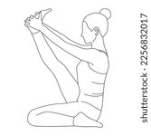 Line art of woman doing yoga in heron pose vector illustration.