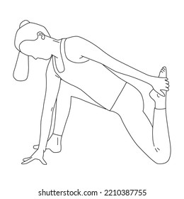 Line art of woman doing Yoga in one legged king pigeon pose vector.