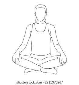 Line art of woman doing Yoga in lotus pose vector. Girl cross-legged sitting or meditation in both Buddhism and Hinduism.