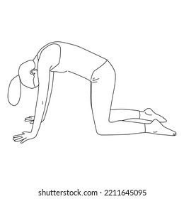 Line Art Of Woman Doing Yoga In Cat Pose Vector.