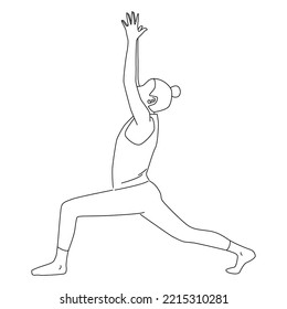 Line art of woman doing Yoga in warrior 1 pose vector.