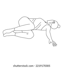 Line art of woman doing yoga exercise in reclined spinal twist pose vector.