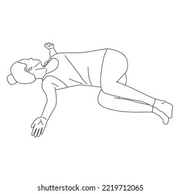 Arte de línea de mujer haciendo yoga en el vector de la posición de torsión reclinable.