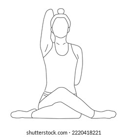 Line art of woman doing yoga exercise in cow face pose vector.