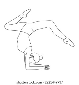 Line art of woman doing yoga pose in handstand with splits vector.