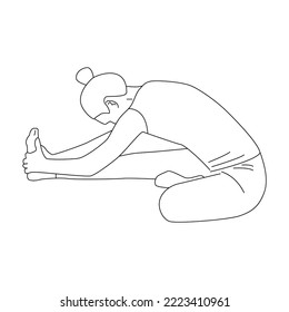 Line art of woman doing Yoga in one leg forward fold pose vector. Girl sitting on the floor and stretching her right leg.