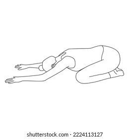 Line art of woman doing yoga in child pose vector. 