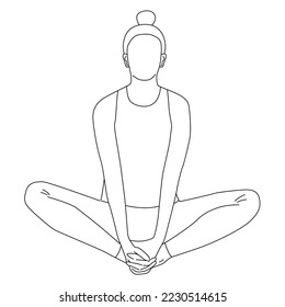 Line art of woman doing yoga in butterfly pose vector. girl sitting and her 2 hands touching at feet.