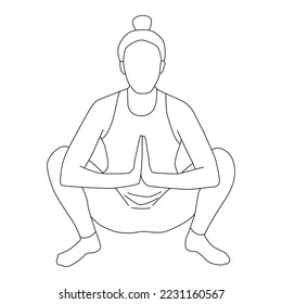 Line art of woman doing yoga in garland pose vector. 