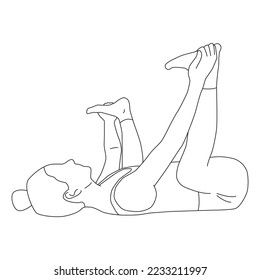 Line art of woman doing yoga in happy baby pose vector.