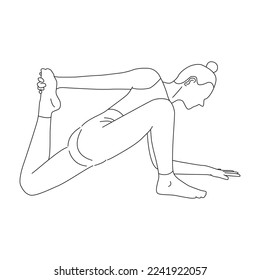 Line art of woman doing yoga in kneeling twisted lunge with quad stretch pose vector.