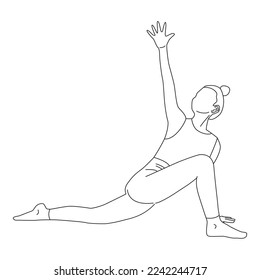 Line art of woman doing yoga in deep lunge twist pose vector.