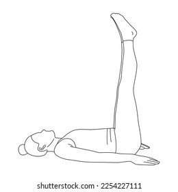 Line art of woman doing Yoga in half plough pose vector. Girl lying on the floor and lifting two legs up in the air.