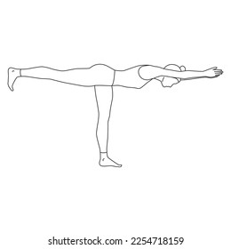 Line art of woman doing Yoga in warrior 3 pose vector. Girl standing with one leg and balancing between her leg and arm